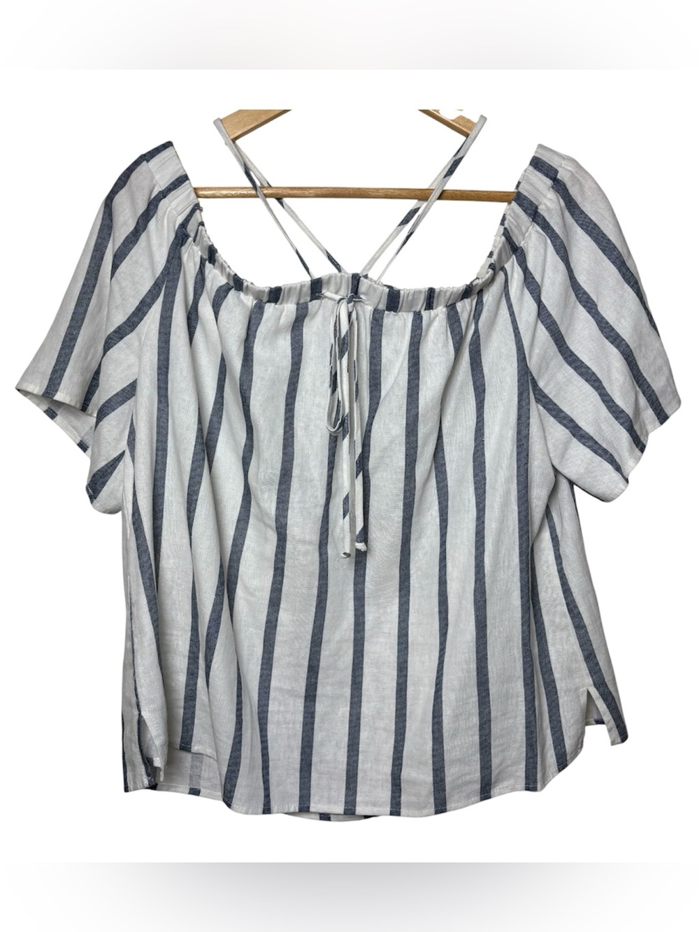 Vince Camuto Peasant Top Blouse Women Large Linen Blend Striped Off Shoulder - Picture 2 of 7